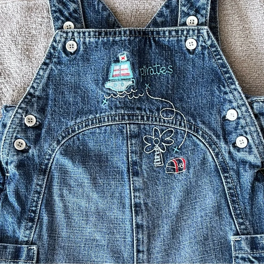Vintage Laura Ashley 18M Blue Denim Boys Overalls Jean Shorts Pirate Ship Cotton
